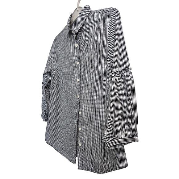 Gingham Blouse XXS Black White Check Button-Up Cotton Blend Tie Sleeve - Picture 4 of 9